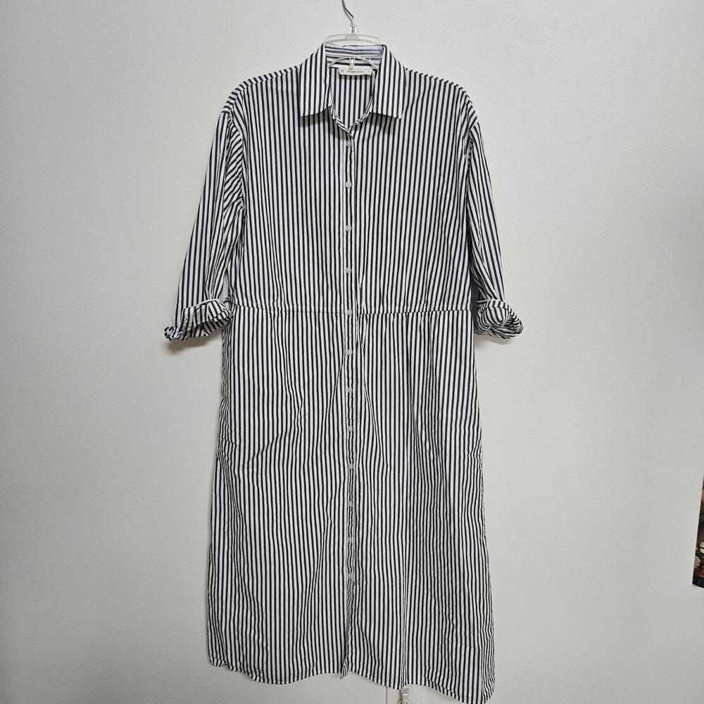 Everlane Supima Cotton Stripe Shirt Dress Black White Midi Cinched Waist M